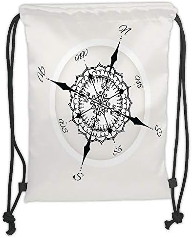 Icndpshorts Drawstring Backpacks Bags,Compass,Hand Drawn Compass with Floral Arrangement Design Compass Boating Theme Print,Black White Soft Satin,5 Liter Capacity,Adjustable String Closure,Th