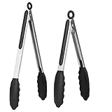 Kitchen Tongs,Heavy Duty Non-Stick Stainless Steel Food Tongs Set With FDA Grade Silicone Tips Ring Pull Locking System Serve For Salad,BBQ,Baking Set Of 2 Pcs (Black)