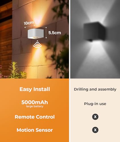 FULEN Pack of 2 Battery Wall Light with Motion Sensor, LED Indoor Wall Light, 3 Colours, 3 Modes, Up and Down Wireless Battery Wall Light with Remote Control for Bedroom, Living Room, Stairs (White)