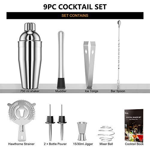 RATEL Cocktail Shaker Set, 9 Stück Edelstahl Cocktail Set, Professional Barkeeper Set, Cocktail Mix Set mit 750ml Shaker… – Bild 3