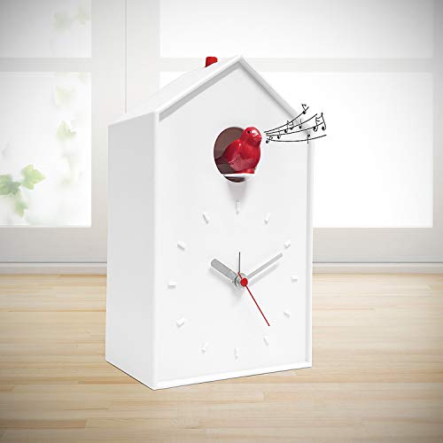 Balvi Cuckoo Clock - White Birdhouse with Red Bird, Minimalist Modern Design