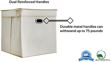 Foldable Collapsible Fabric Storage Basket Bin Cube with Lid and Two Side Dual Metal Eyelets Handles by aurascend Company - Best Decorative Closet Shelf Organizer Drawer System (1, Single Beige Cube)