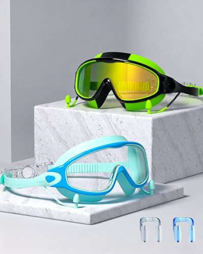 YLKJSWIM Swim Goggles for Kids 3-15 with Earplugs Large Frame Anti-Fog/UV Swimming Goggles for Boys Girls Toddler 2PCS