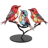 gernie Stained Birds on Branch Desktop Ornaments, Double Sided Flatness Beautiful Colorful Vivid Birds Ornament Tabletop, Multipurpose Stained Glass Birds Figurine for (3 Birds