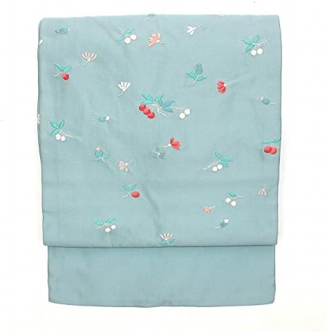 Amazon リメイク素材に最適 九寸名古屋帯 リサイクル 正絹 水色 花柄 実柄 小柄 刺繍 ポップ かわいい 中古 リユース 布 生地 通販