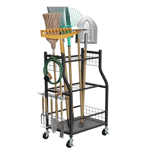 Garage Garden Tool Organizer with Wheels - Yard Tool Storage Rack with 28 Slots…