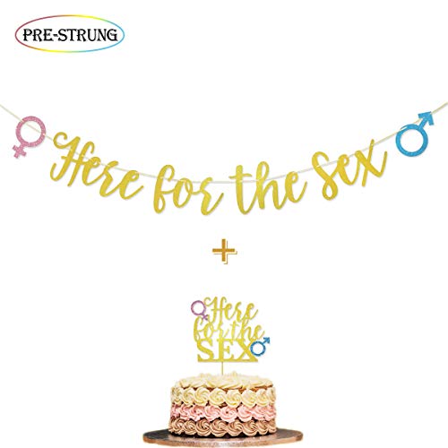 Here for the Sex Gold Glitter Banner & Here for the Sex Cake Topper for Gender Reveal Party Supplies Decorations
