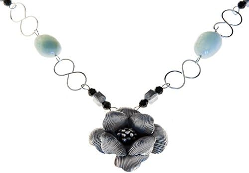 Fine Silver Flower Pendant Natural Aquamarine Pebble Beads Sterling Silver Chain by LLD Jewelry