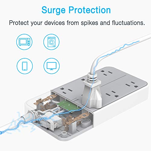 Power Strip Surge Protector, TESSAN 6 FT Flat Plug Extension Cord, 8 AC Outlets and 3 USB Ports, 1875W, 15A, 1080 Joules… - Image 3