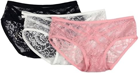 Women's Pack of 3 Sexy See-Through Lace Carving Thong Panty Bikini Briefs Assorted Colors (Black/White/Pink)