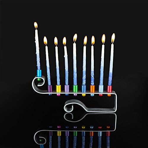 Emanuel Multi-Colored Modern Hanukkah Menorah from The Judaica Collection of menorahs Perfect for Decorative Chanukah Candles. Light up Your Hannukah with This Gorgeous Aluminum Menora in Gift Box.