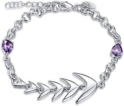 iCAREu Silver Plated Teardrop Blue Zircon and Fish Bone Adjustable Charm Bracelet for Women, Girls, 8"