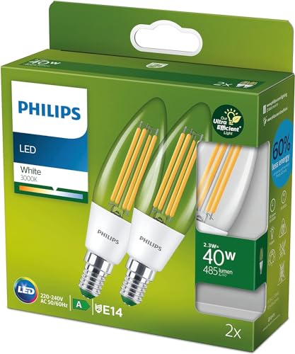 Philips LED Lampadina Classe A Ultra Efficiente a Risparmio Energetico, 40W, 2 Pezzi, Luce Naturale, Attacco E14