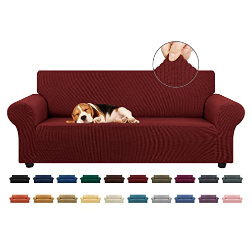 KEKUOU Stretch-Sofabezug, Couchbezug für 3 Kissen, Couch, Sofa (200,7 cm - 238,8 cm), Möbelschutz, 3-Sitzer-Sofa mit elastischer Unterseite für Kinder, Hund, Jacquard, klein, kariert (groß, dunkelrot)
