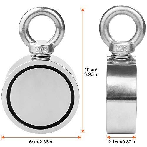 Double Side Round Vertical Magnet Fishing, Abuff Super Strong Fishing Magnets Combined 660LBS Pulling Force Pot Magnet with Eyebolt for Magnet Fishing and Salvage in River - 2.36" Diameter - Thumbnail 2