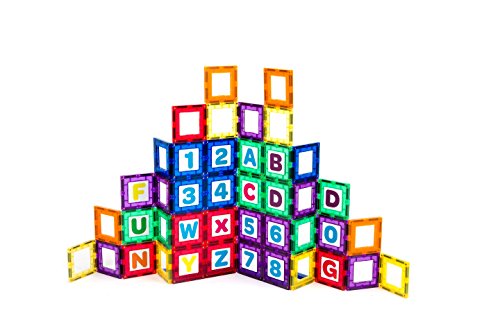 Playmags Magnetic Tile Building Set: EXCLUSIVE Educational Clickins - 36-Pc. Kit: 18 Super Strong Clear Color Magnet Tiles Windows & 18 Letters & Numbers - Stimulate Creativity & Brain Development