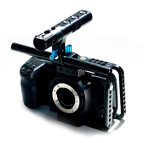 KONDOR BLUE BMPCC4K Half Cage Rig for Blackmagic Pocket Cinema Camera 4K with Top Handle, NATO Rails, 15mm Rod, Cold Shoe, Bubble Leveler and Optional T5 SSD Holder, Metabones Speedbooster Bracket