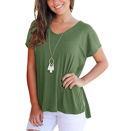 T Shirt Blouse Tops For Women Short Sleeve Basic Tees (Army Green, Large) - Thumbnail 2