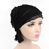 Kshion Women Chiffon Ruffle Cancer Chemo Hat Beanie Scarf Turban Head Wrap Cap (Black)