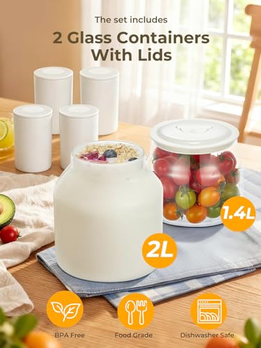 FOHERE Yogurt Maker with 2 XXL Jars Capacity 2000 ml and 1400 ml, 4 x 125 ml Cups and Lid, 8 Preset Programs, LCD Display, Timer, Power 20 W, BPA-Free