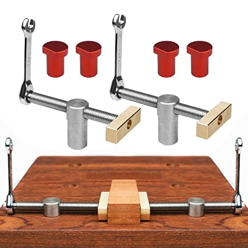 2pcs Fast Fixed Clip Clamp Brass Fixture Vise with 4pcs Bench Dogs, Table Workbench Auxiliary Tool Woodworking Table Vise Desktop Clip for 19/20mm Hole (20mm)