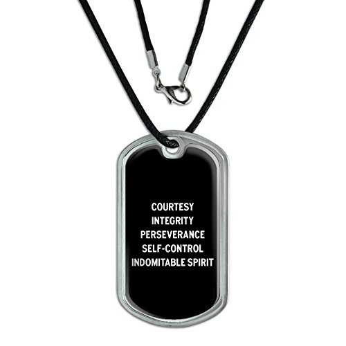 Karate Taekwondo 5 Tenets Courtesy Integrity - Military Dog Tag Black Cord Necklace