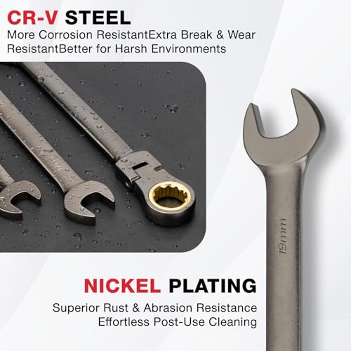 Shall 9-Piece Flex Head Ratcheting Wrench Set, 72 Metric Teeth 8-19mm, Cr-V Built, Nickel Plated with Organization Bag