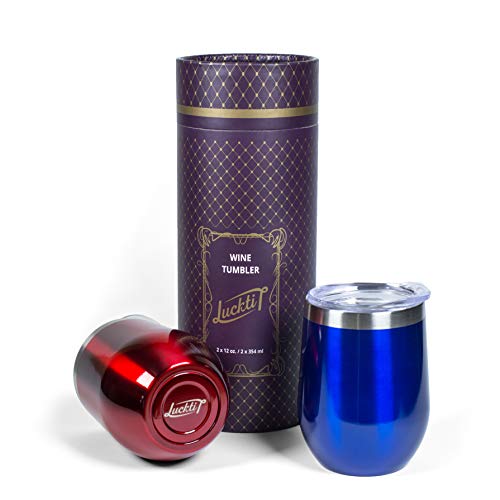 Luckti 12 oz Insulated Stainless Steel Wine Tumbler Cup Double Wall Vacuum Stemless Glass with Lid - 2 pack set: Red & Blue