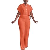 HBQ Women's Summer 2 Piece Outfits Casual Tracksuit Short Sleeve Button Down Crop Top Wide Leg Long Pant Lounge Sets