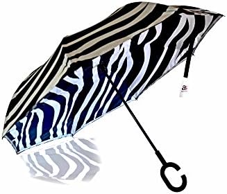 Double Layer Inverted Umbrella, Durable UV Reverse Fold Windproof Umbrella, C Handle Fiberglass Ribs Fashionable Black Zebra Print