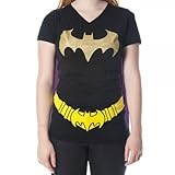 Batman Glittered Logo Juniors Black V-Neck Cape T-Shirt