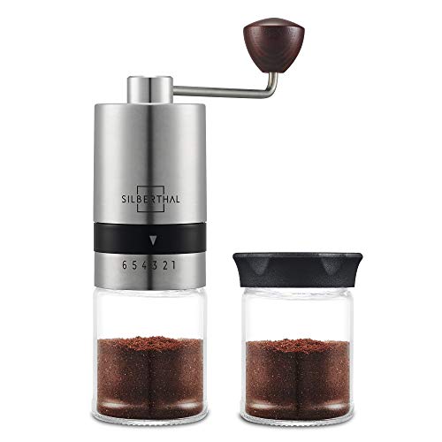 SILBERTHAL Kaffeemühle Manuell Kegelmahlwerk - Verstellbarer Mahlgrad - Handmühle aus Edelstahl und Glas - Ersatzglas