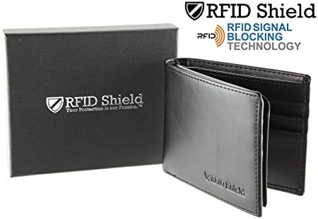 RFID Shield Anti-Theft RFID Signal Blocking Wallet Genuine Top Grain Leather Slim Bifold by iGuard Protection Against Electronic Pick Pocketing, Identity Theft and Credit Card Data Breaches (Black)