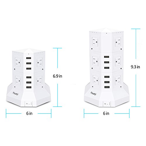 Power Strip USB Surge Protector Tower 12 AC Outlets with 6 USB Ports Chargers White-Powerjc - Thumbnail 5
