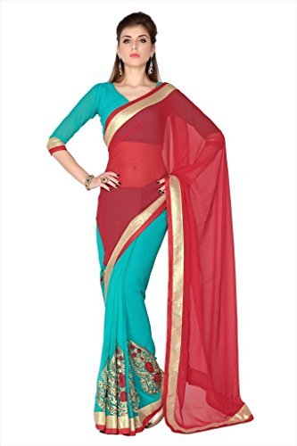 Designersareez Women's Faux Georgette Saree Free Size Red & Turquoise