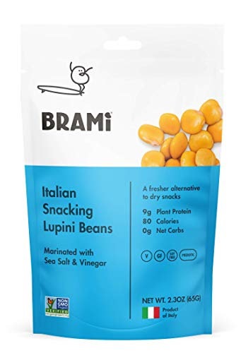 BRAMI Lupini Beans Snack, Sea Salt & Vinegar | 9g Plant Protein, 0g Net Carbs | Vegan, Vegetarian, Keto, Mediterranean Diet | 2.3 oz (8 Pack)