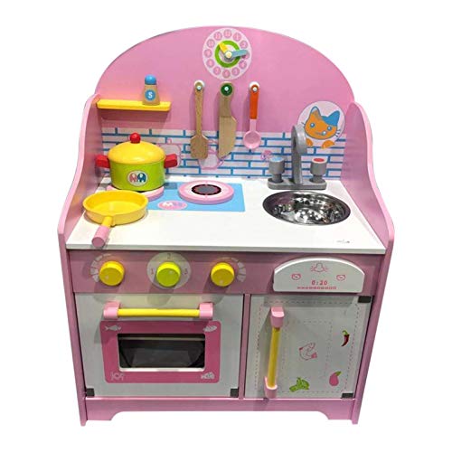 Klassische schicke Spielküche, niedliches rosa Holzküchen-Spielset, das Spielzeug mit Zubehör vorgibt, Kinderspielhaus… – Bild 3
