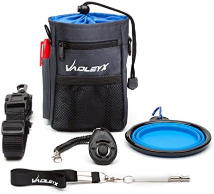 Dog Training Treat Pouch - Pet Treat Bag with Adjustable Belt over Shoulder, Metal Waist Clip, Poop Bag Holder/Dispenser, FREE Training Clicker, Whistle & Collapsible Bowl in Dark Grey & Purple Color
