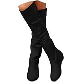 Slouchy Knee High Boots For Women,Women'S Extra Wide Calf Width Winter Flat Suede Side Zipper Thigh Low Heel Slouch Pointed Toe Round Pull Vintage Leather Long Booties Ladies