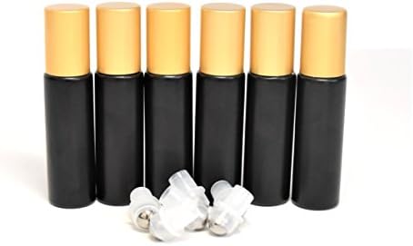 10mL Glass Black Roller Bottles for Essential Oils, leak proof, glass roller bottles with steel roller. Pack of 6.