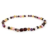 Baltic Amber Teething Necklace (Unisex, 12.5 Inches) with Semi-Precious Gemstones - Matte Smoky Quartz, Rhodonite, Matte Rose Quartz, Matte Amethyst. Lab-Tested, 100% Certified - Teething Pain Relief