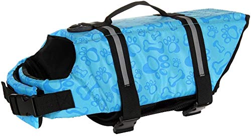 Izefia Dog Life Jacket Swimming Safety Coat Floatation Life Vest Life Saver with Handle for Small Dog Puppy Large Dog (Blue Bone, XS)
