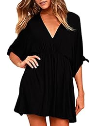 Vestido skater casual de una línea con cuello en V y pliegues drapeados de Meenew para mujer