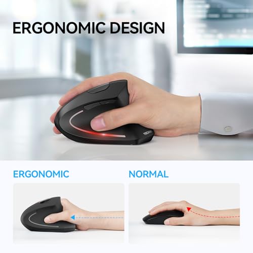TECKNET Ergonomic Mouse, Wireless Bluetooth Vertical Mouse, 4800 DPI Optical Tracking, 6 Adjustable DPI, Quiet Clicks, 2.4GHz with USB A Receiver, 12 Months Battery, 6 Buttons, Wide Compatibility