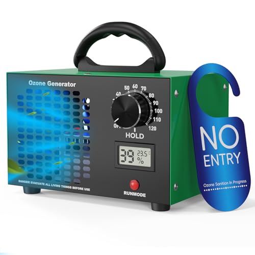 Ozone Generator 120,000 mg/h Ozone Device - 2-in-1 Ozone Air Purifier, 120 Minute Timer, with Temperature and Humidity Display, Ozoniser Industrial O3 for Car, Home, Hotels, Kitchen and Pet Odours