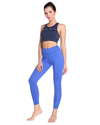X-HERR Womens Compression Workout Yoga Leggings Power Flex Exercise Fitness Yoga Pant with High Waist Pockets (Blue,L)