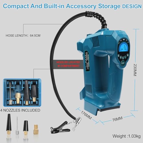 Powarobor 18 V Battery Compressor Compatible with Makita 18 V Batteries, 10.34 Bar Battery Car Compressor/Wireless Air Pump for Bicycle/Car/Motorcycle, 150 PSI, Automatic Stop, LED Lamp (without Battery, without Charger)