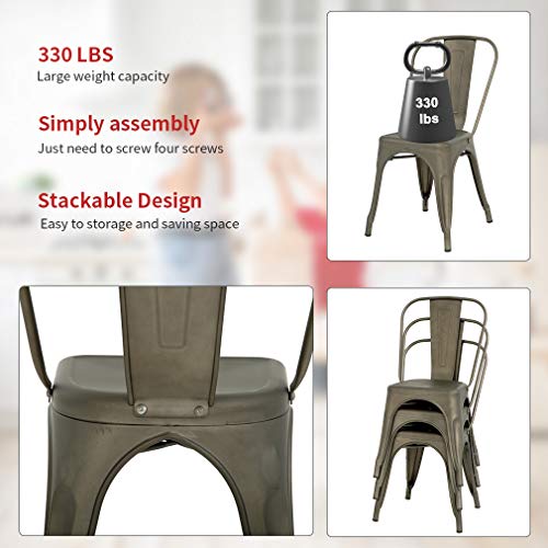 Metal Dining Chairs Set of 4 Stackable Metal Chairs Room Chair Vintage Patio Chair with Back 18 Inches Seat Height Kitchen Chair Tolix Restaurant Chairs Stackable Trattoria Indoor Outdoor Chair (Gun)