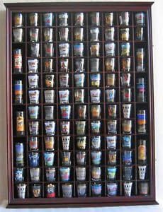 Shadow Boxes Mahogany 100 Shot Glass Display Case Rack Wall Curio Cabinet, 1 Door for 100% Exposure