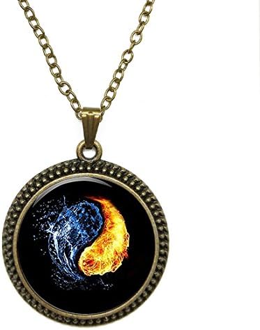 Fashion Necklace Pendant Jewelry Water and Fire Black Glass Dome Cabochon Steampunk Bronze Necklace